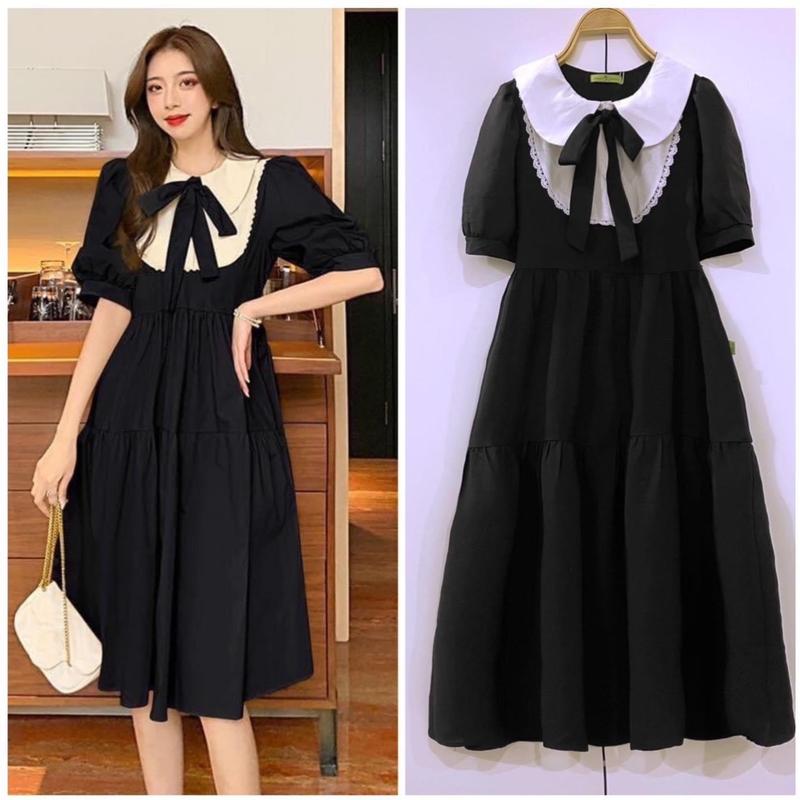 Váy BẦU đen yếm trắng b công sơ 3 tầng nơ cột chất mềm mịn sang trọng . Đầm bầu dự tiệc công sở chụp ảnh Freesize