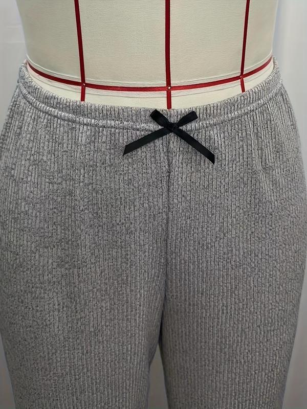 Women's Contrast Lace Bow Front Pyjama Set, Casual Lettuce Trim Top & Elastic Waist Trousers PJ Set, Comfy Loungewear Sets, Lounge Co-ord Set 6