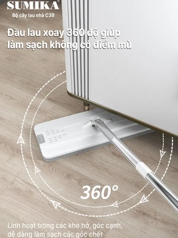 Bộ cây lau nhà SUMIKA C39, thùng lau nhà 2 ngăn tự vắt thông minh, chổi lau sàn nhà 360 độ, 2 bông lau, 1 móc treo cây lau sàn 8
