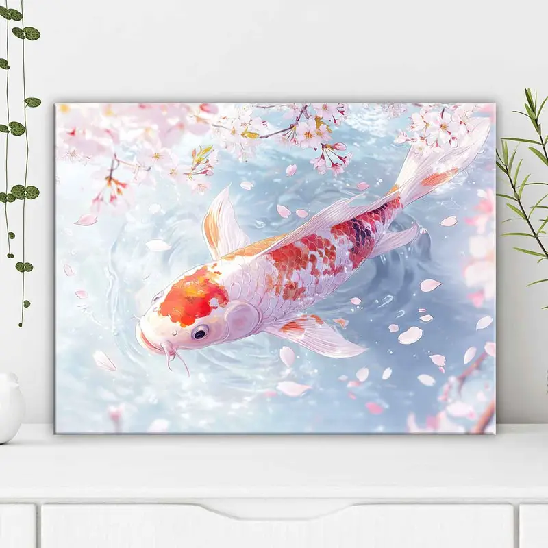 Koi Fish & Cherry Blossoms Pattern Canvas Painting with Frame, Modern Wall Art Painting, Wall Decor for Home Living Room Bedroom Office 6