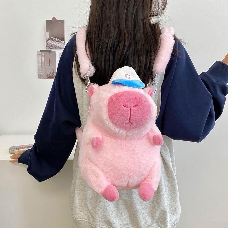 Gấu bông Balo cappybara khoá ngang , khoá dọc dễ thương Backpack Đeo Vai Nhung 5