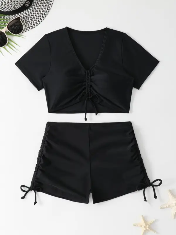 Women's Solid Color Tie Side Crop Top & Swim Knicker Tankini Set, Casual Fashion Swimwear Set for Beach Holiday Vacation, Ladies Swimsuit for All Seasons 4