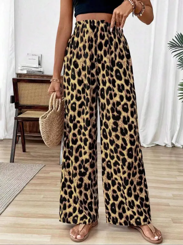 Women's Leopard Print Elastic Waist Wide Leg Pants, Casual Comfy Trousers for Daily Wear, Ladies Bottoms for All Seasons 2