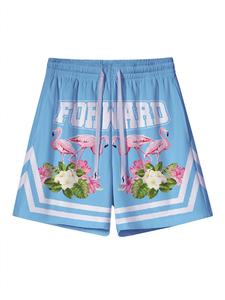 Men's Flamingo & Floral Print Drawstring Waist Sports Shorts, Loose Casual Comfy Breathable Shorts for Summer, Men's Sportswear for Outdoor Activities