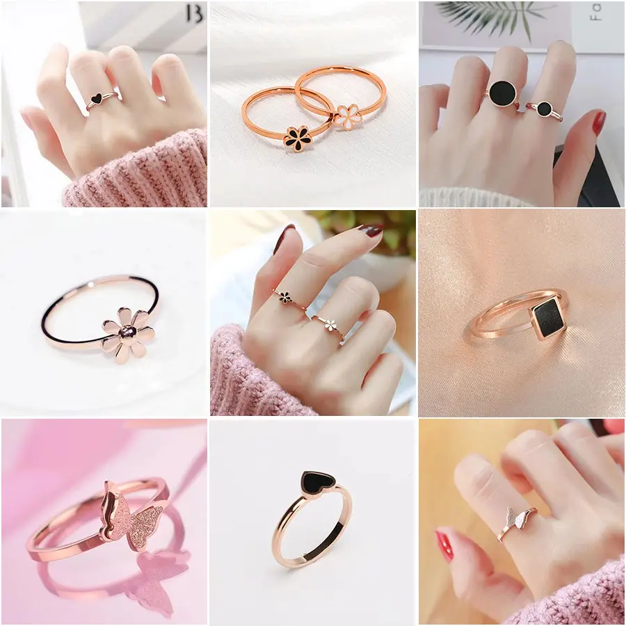 Classic Geometric Titanium Ring Black Flower Stainless Steel Index Finger Ring Women Accessories Gifts