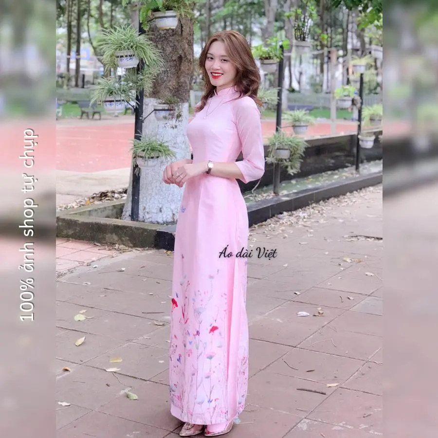 Áo dài 4 tà hoa màu hồng truyền thống giáo viên công sở may sẵn lụa voan tơ ánh cao cấp