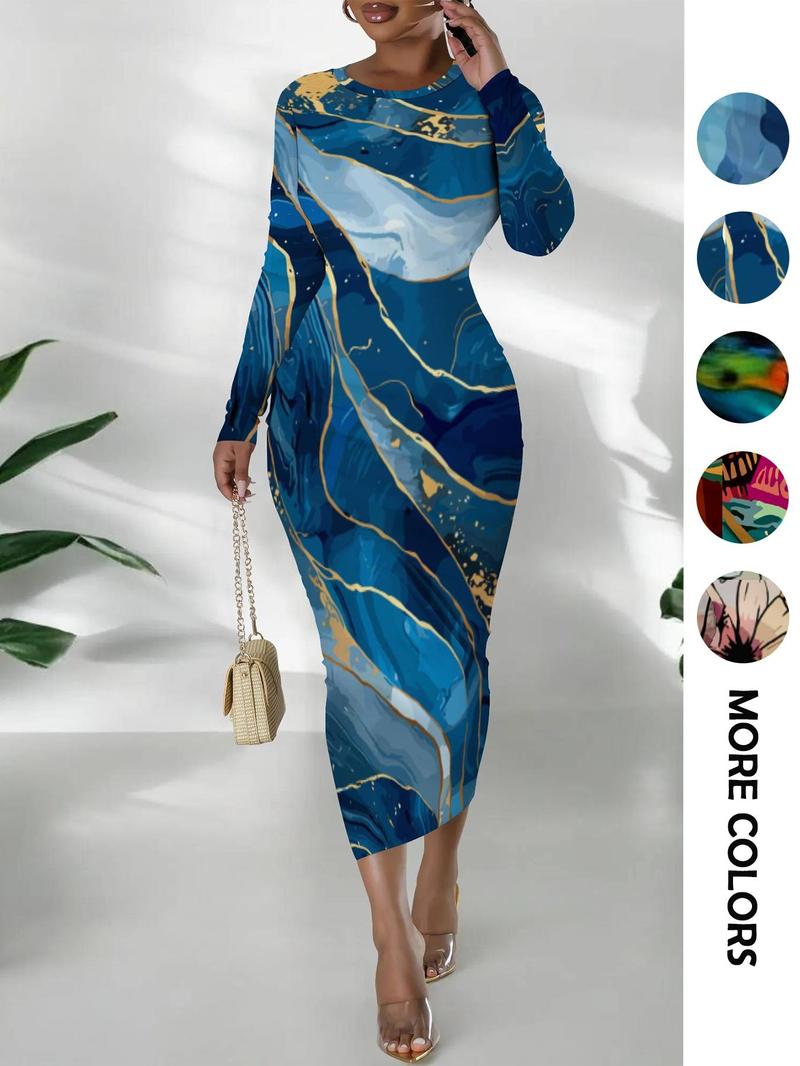 Product Introduction of Women's Colorblock Print Round Neck Bodycon Dress, Fashion Casual Long Dress for Daily Outdoor Wear, Women Dress for Spring Fall 2