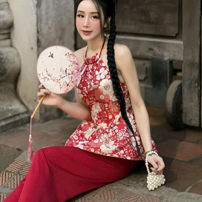 Sét bộ gấm thời trang truyền thống Nữ mặc đi chơi lễ chùa dịp tết mừng xuân đầu năm, áo yếm chất gấm 2 lớp hoạ tiết hoa phối quần dài tuyết nhung ống suông Rộng  Women Thêu Dress Ong