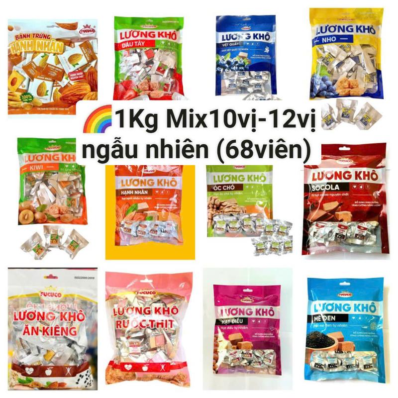 1 Kg Mix Ngẫu Nhiên 10 vị -12 vị 68 viên Lương khô bánh trứng hạnh nhân Fucuco