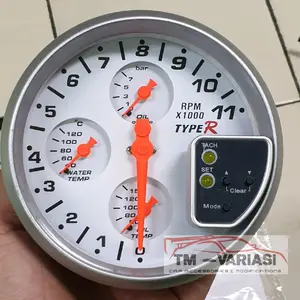 Tachometer Takometer Import Type-R Type R 5 Inchi 4in1 Warna Putih