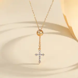 LM740 【COD】 Kalung Cross Wanita Titanium Kalung Berlian Stainless Steel Berlapis Emas Liontin Salib aksesoris