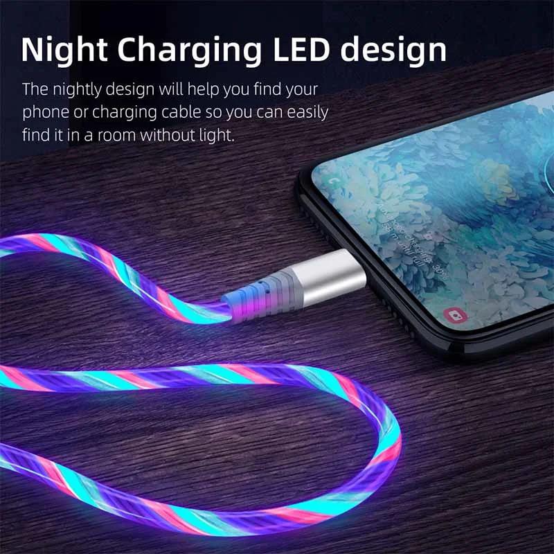 Product Introduction of สาย USB Type C, การออกแบบเรืองแสงไหล, การชาร์จอย่างรวดเร็ว 5A, สายเคเบิลข้อมูล, สาย LED เรืองแสง, เข้ากันได้กับ Samsung, Xiaomi, iPhone และ Micro 8