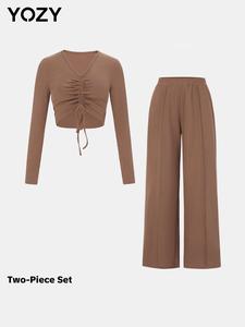 YOZY Women's Solid Drawstring Front Ruched Crop Tee & Wide Leg Pants Ribbed Two-piece Set, Casual V Neck Long Sleeve Top & Elastic Waist Trousers 2 Piece Set for Fall & Winter, Women's Clothes for Daily Wear