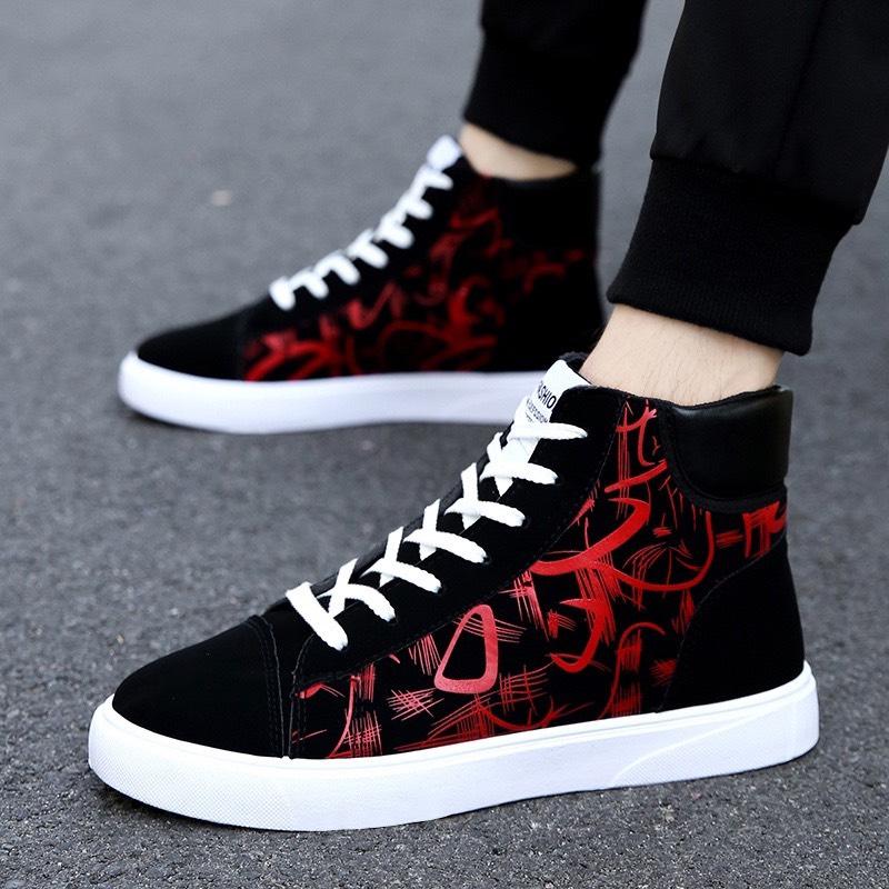 Giày Thể Thao Cao Cổ Họa Tiết Đen Phối Trắng Fashion Cực Đẹp Nam Sneaker Chất Liệu Lưới Thông Thoáng Đế Cao Su Dày Mềm Mại