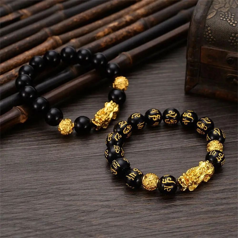 New Blessing Lucky  Obsidian Bangle Black Bead Wristbands Amulet Golden Pixiu Bracelet
