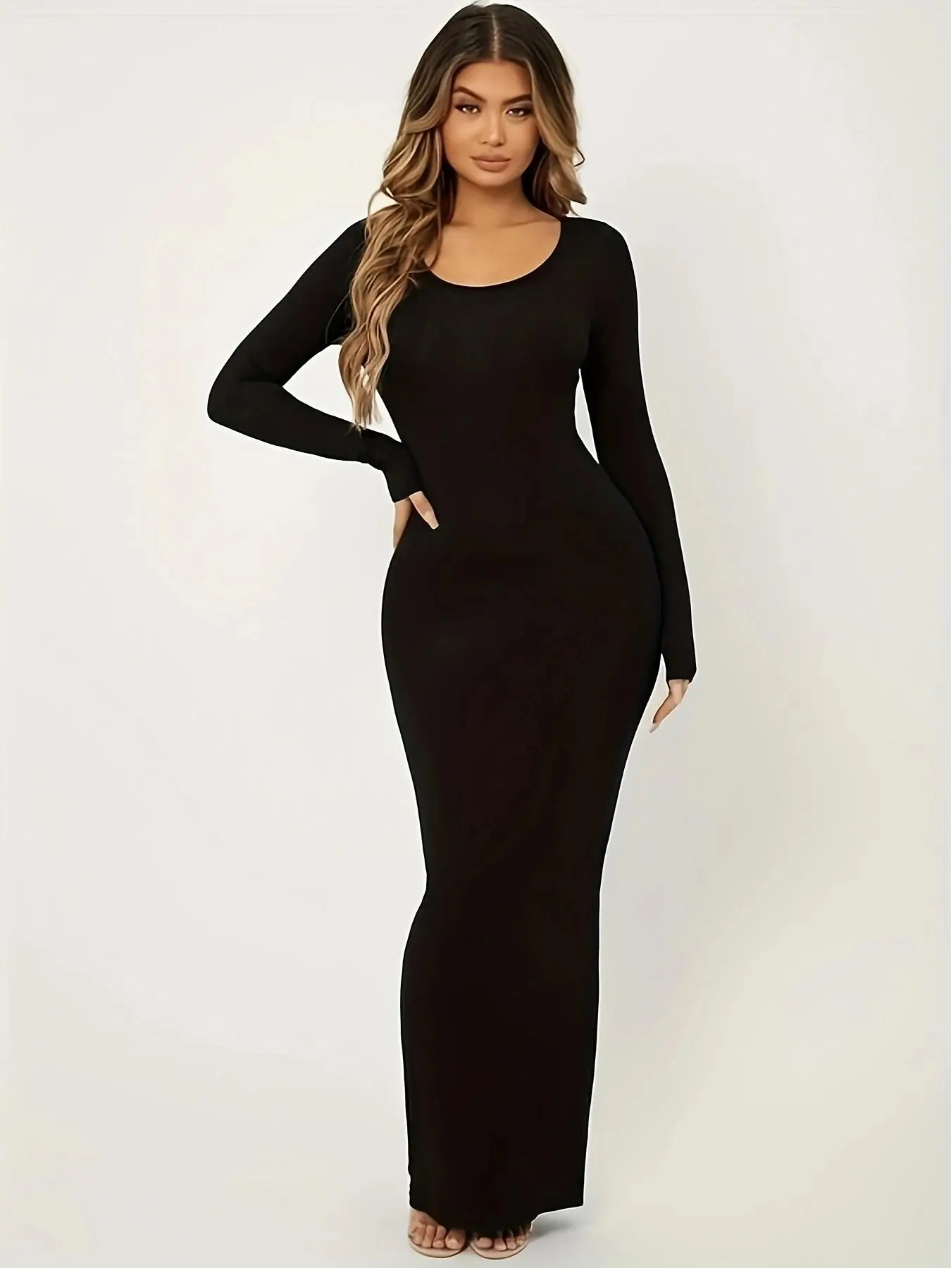 Women's Solid Long Sleeve Round Neck Bodycon Dress, Casual Tight Sleeve Long Dress, Women's Spring & Fall Clothes for Daily Outdoor Wear Valentine's Day, gift