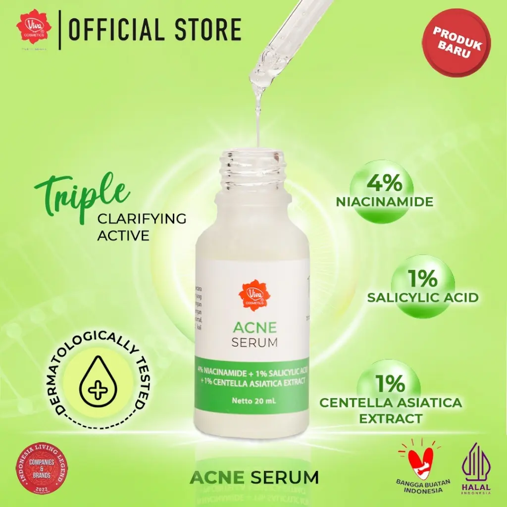 Viva Acne Serum (ANTI JERAWAT) with 4% Niacinamide, 1% Salicylic Acid, & 1 % Centella Asiatica - 20 ml Berjerawat Extract Wajah