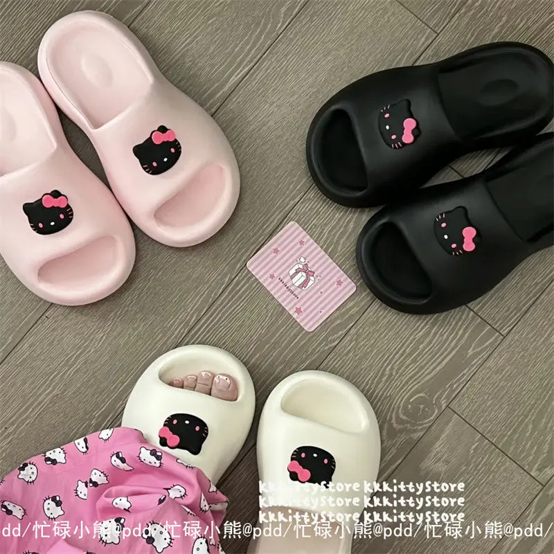 Dép Lê Kitty, Da Đen Ngọt Ngào Và Ngầu, Dành Cho Nữ, Thiết Kế Hoạt Hình, Thích Hợp Cho Các Hoạt Động Ngoài Trời, Tăng Chiều Cao, Dép Đế Dày 4Cm, Nhẹ, Thích Hợp Cho Học Sinh, 2024