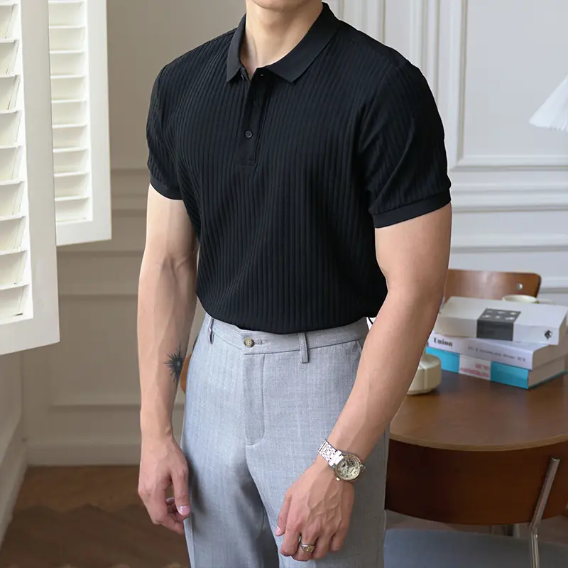 Summer Thin Menswear Fit Elastic Youth Polo Korean Fashion All Matching Lapel Tops Spring and Autumn Light Business Men Plain Short Sleeve Classic Striped Design Sense Comfort Casualt T Shirt