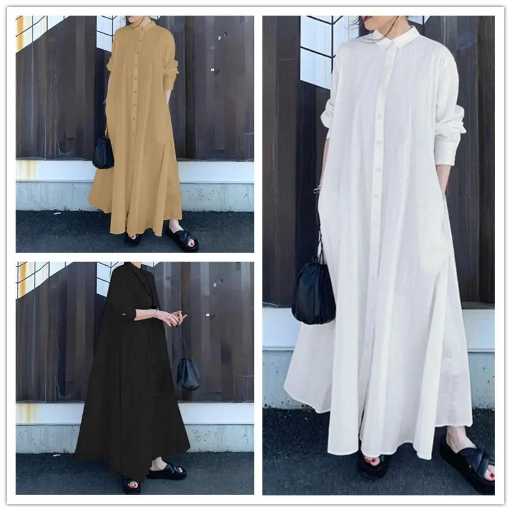 Cotton and linen commuting temperament solid color simple versatile lapel long sleeve loose shirt dress
