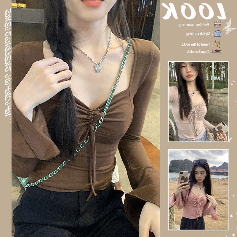 Áo Thun Dài Tay Xếp Ly Buộc Dây Thiết Kế Đẹp, Dành Cho Nữ, Hàng Mới Về Đầu Mùa Thu 2023, Dễ Thương Và Gợi Cảm, Phong Cách Cô Gái Nóng Bỏng, Ôm Sát, Bó Sát, Áo Ngắn Top Women áo  len Shirt Sơ Mi Cổ Tròn 0