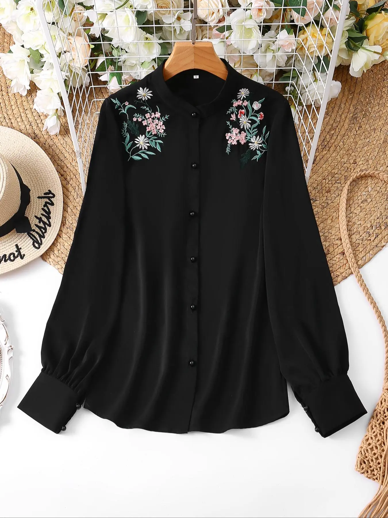 Women's Floral Embroidery Button Front Blouse, Elegant Bishop Sleeve Stand Collar Top for Daily Wear, Ladies Clothes for All Seasons