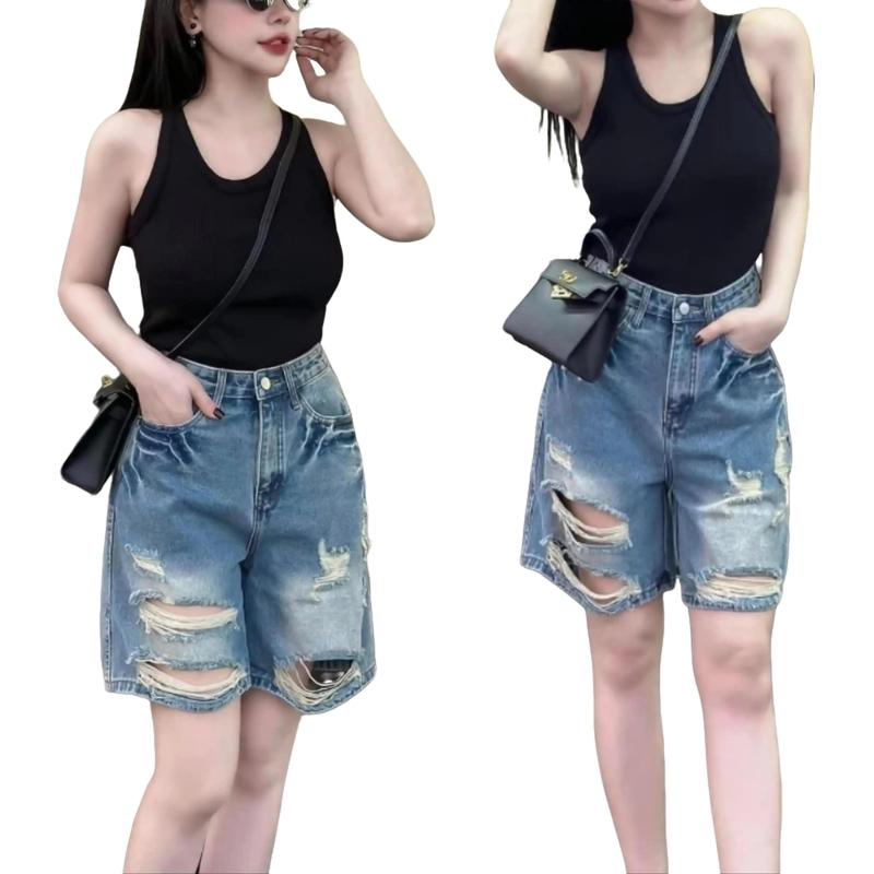 Quần Jeans Short Ngố Nữ Phom Ống Rộng Dáng Lửng Lưng Cao Thời Trang Bigsize 55-90kg 0095 0096 MoLi jean Pants Denim Women Ong Kaki Có Túi