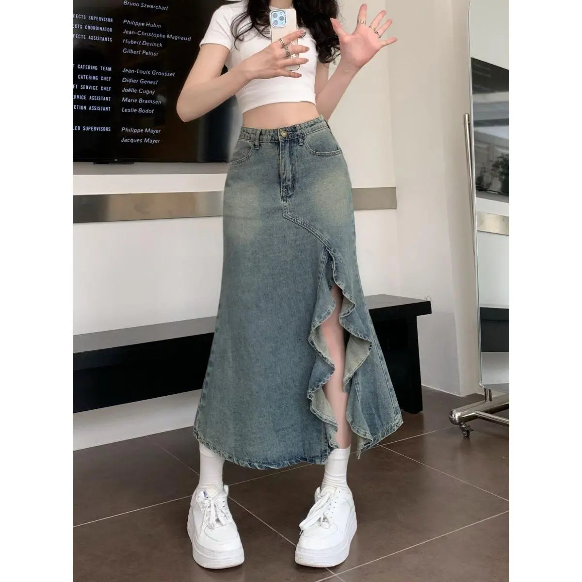 Váy Xẻ Tà Denim, Ngoại Cỡ, Dành Cho Cô Gái Béo, Bất Đối Xứng, Dài Nửa, Cạp Cao Cho Nữ, Váy Ôm Định Hình Đuôi Bó Chữ A, Thời Trang