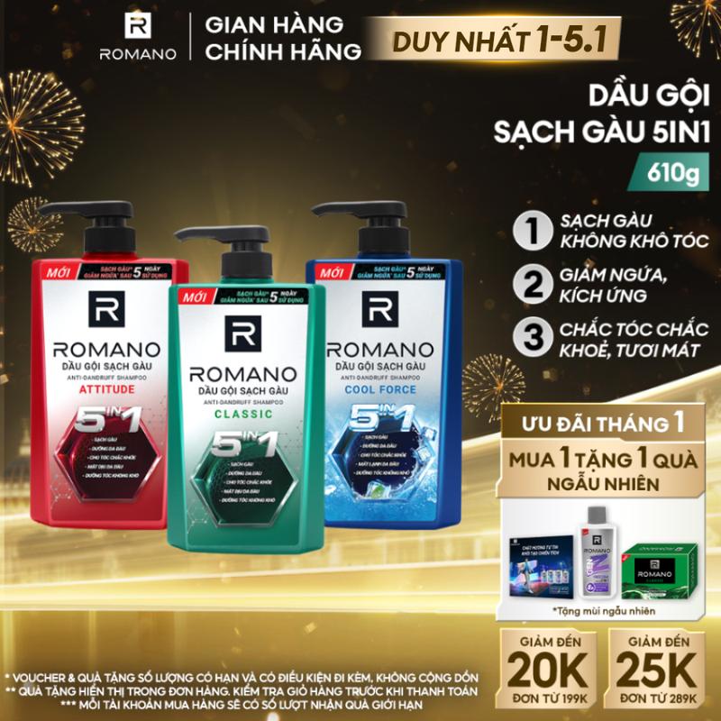   DUY NHẤT 1-5.1 Dầu gội sạch gàu Dưỡng Tóc cho nam Romano 5in1 hương nước hoa Classic  Force  Attitude 610g-650g chai - 3 mùi hương có sẵn 