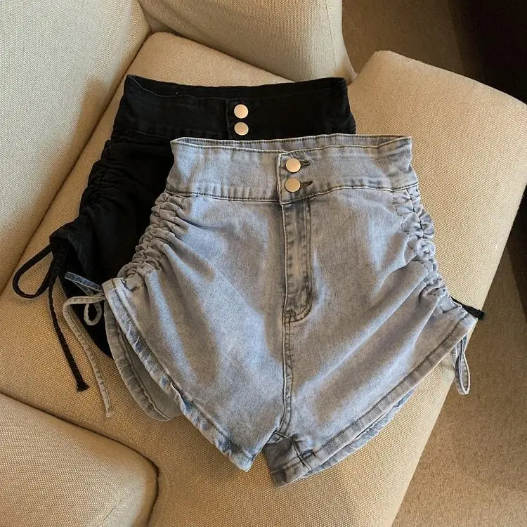 High Waist Drawstring Denim Shorts Women's Clothing 2023 New Fashion Hot Summer Thin Hot Girl Design Sense A- line Pants Jeans Womenswear Bottom Lingerie
