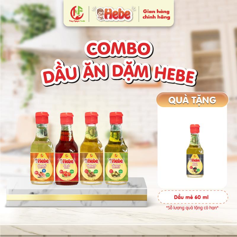 [COMBO 4 tặng 1 Dầu Mè ]Dầu ăn dặm Hebe - Cá Hồi - Óc Chó - Dầu Gấc - Dầu Olive ép lạnh nguyên chất 60ml Nho