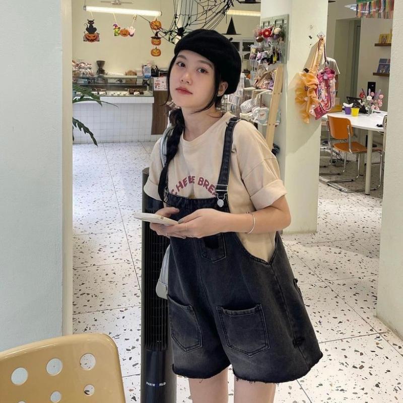 Quần Yếm Jeans mềm nữ phong cách basic cổ điển Hàn Quốc