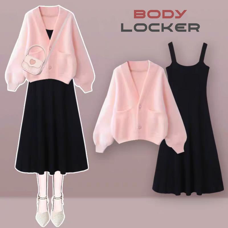 Set Áo Len Lông Thỏ Cardigan Nữ Cổ V Cúc Vuông Chất Len Dày Dặn Phong Cách Tiểu Thư Kết Hợp Với Váy Len 2 Dây Dáng Dài