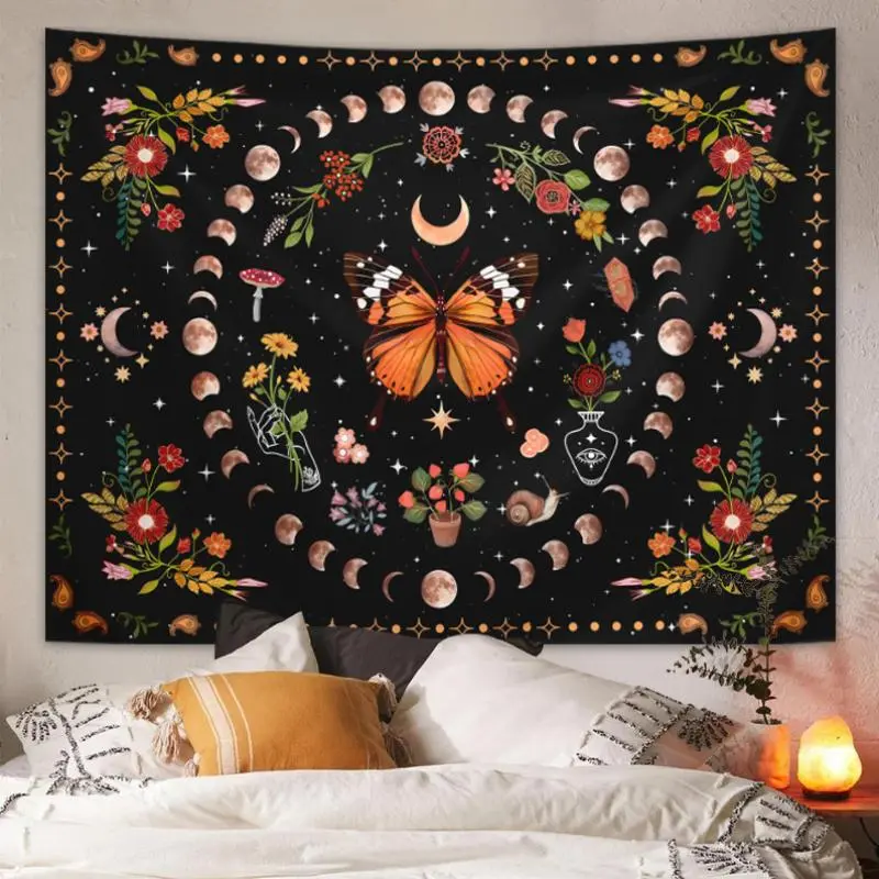 Wall Tapestry, 1 Count Summer Bohemian Style Butterfly Flower Moon Phase Print Tapestry, Wall Hanging Decor for Bedroom Living Room Home Decor 2