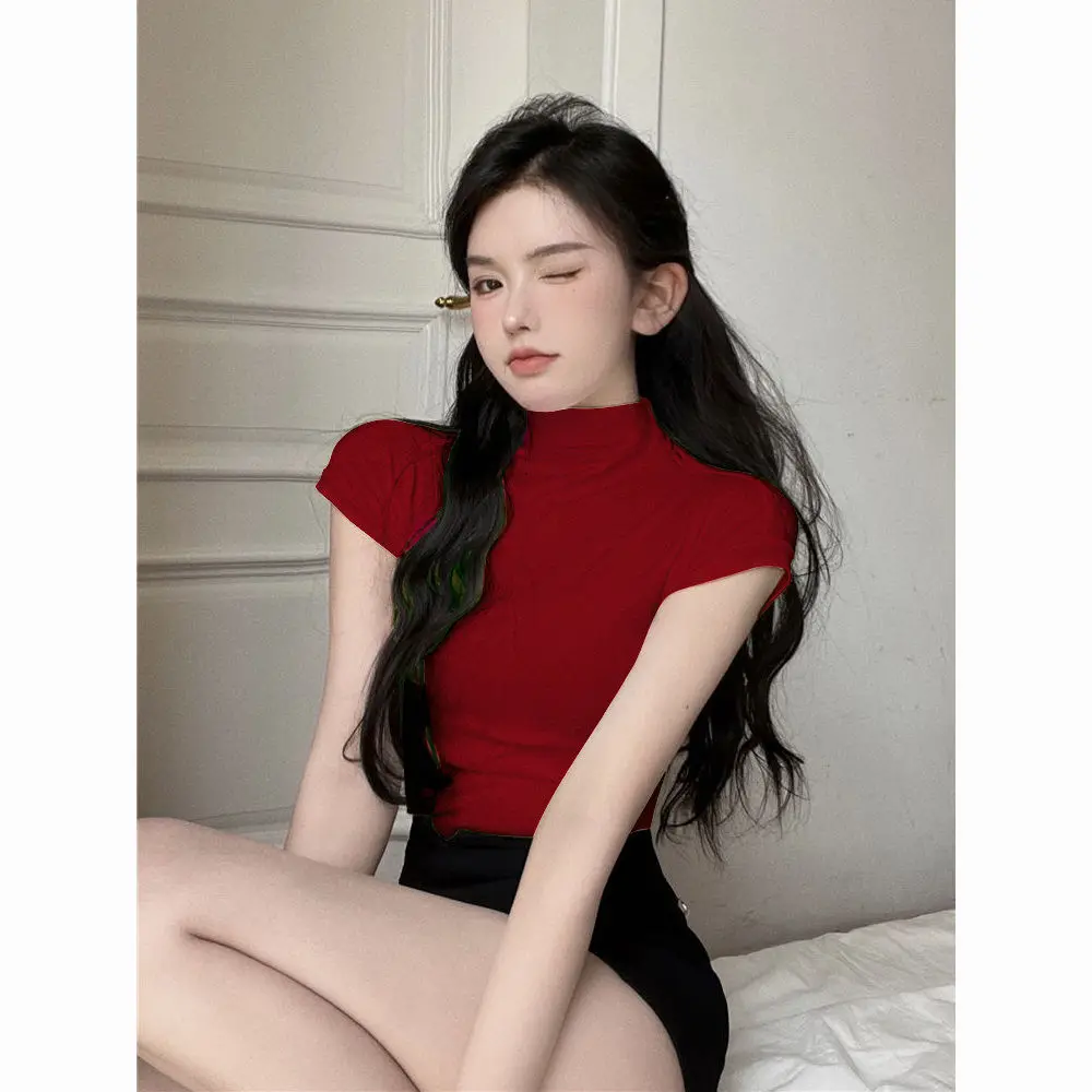 Áo Thun Lụa Lạnh Cổ Lọ Nửa, Ngắn Tay, Màu Đỏ Rượu Vang, Dành Cho Mùa Hè Của Phụ Nữ, Hàng Mới Về, Mỏng Vừa Vặn, Áo Lớp Nền Bó Sát Áo Ngắn, 2024
