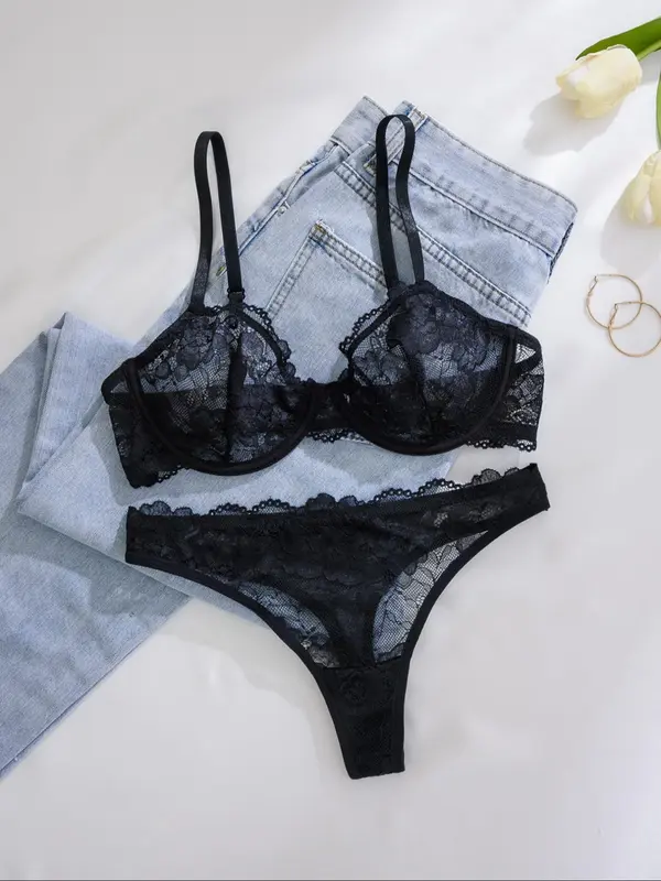 Women's Solid Color Underwire Lace Bra & Panty Two-piece Set, Soft Comfortable Breathable Lingerie Set, Lingerie Set for Women, Womenswear 2