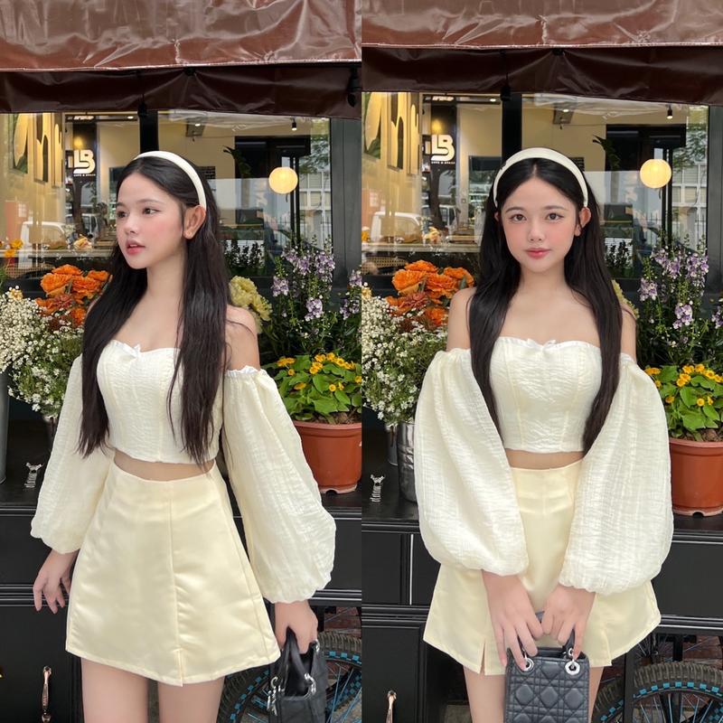 [FREESHIP] SET ÁO CÚP NGỰC TAY PHỒNG CỔ VUÔNG KÈM CHÂN VÁY TRƠN