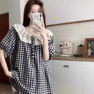 Set Piyama Lengan Pendek Berkotak untuk Wanita, Kolar Peter Pan Dipotong Renda, Seluar Pendek Kapas Awan Ultra Lembut, Pakaian Rumah Musim Panas, Pakaian Ruang Tidur, Estetik Bergaya