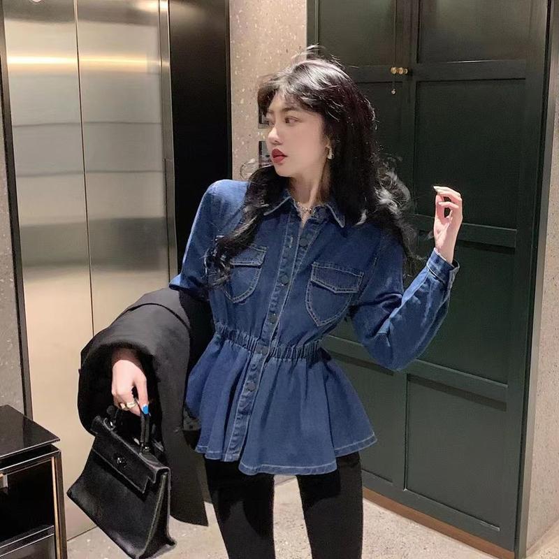Product Introduction of [Denim jumper dress] shirt retro 2024 design denim new Hong Kong style elegant French top tight waist niche western style shirt jean sweater 15