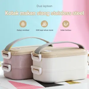 Kotak Makan 2 Tingkat Lunch Box Kotak Bekal Makan Rantang 2 Susun 3 Sekat Stainless Steel 304  Kitchenware