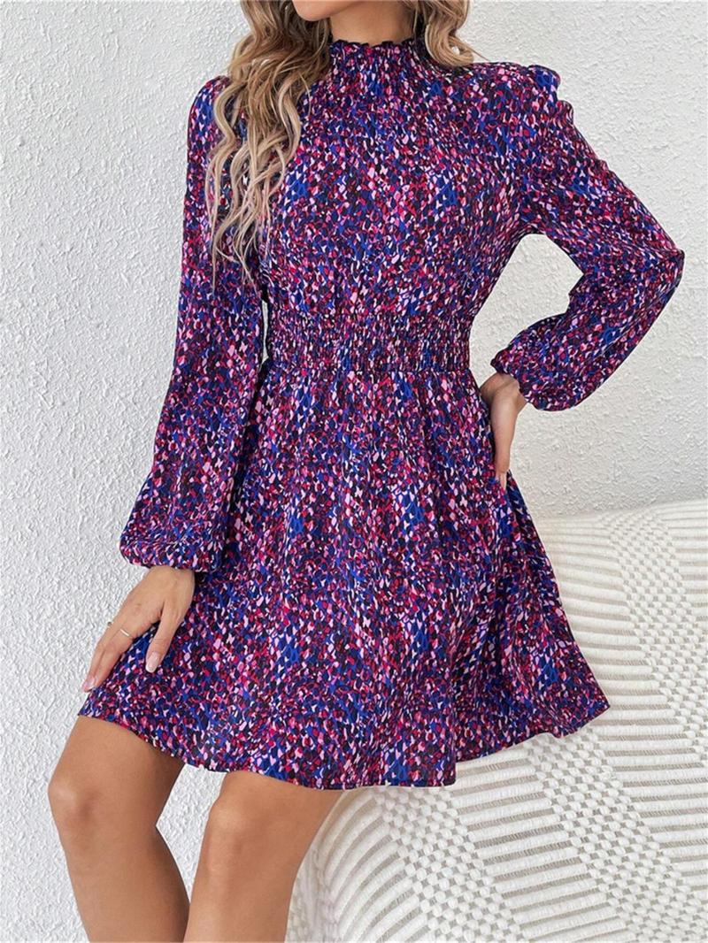Product Introduction of Women's All Over Print Frill Trim Shirred Mock Neck A Line Dress, Elegant Bishop Sleeve Short Dress for Spring & Fall, Women's Clothing for Daily Wear 6