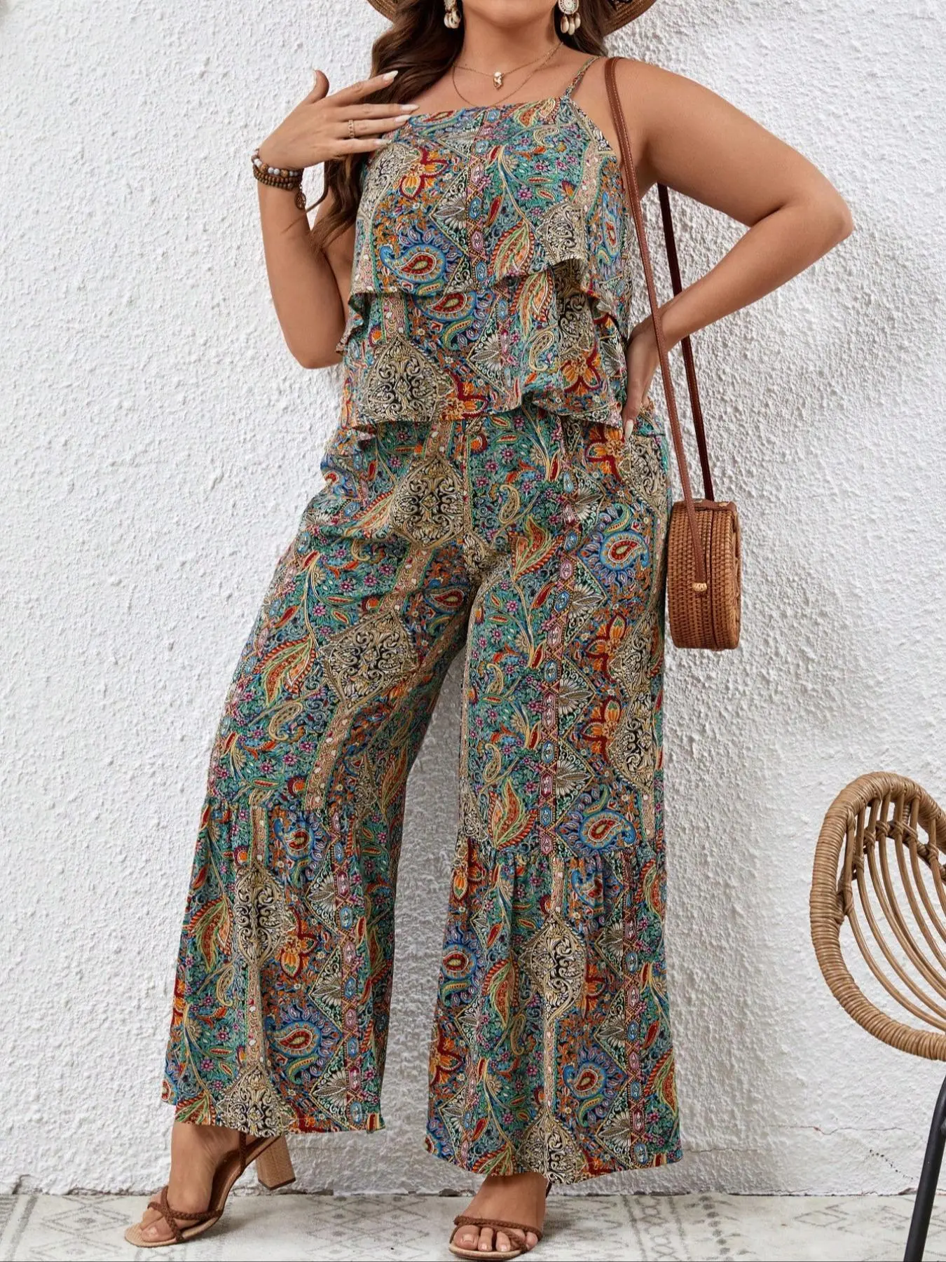 【Plus Size】 Ethnic Paisley Print Cami Top & Ruffle Hem Wide Leg Pants Set, Boho Sleeveless Top & Pants for Beach Holiday Vacation, Women's Two-piece for Summer, Womenswear
