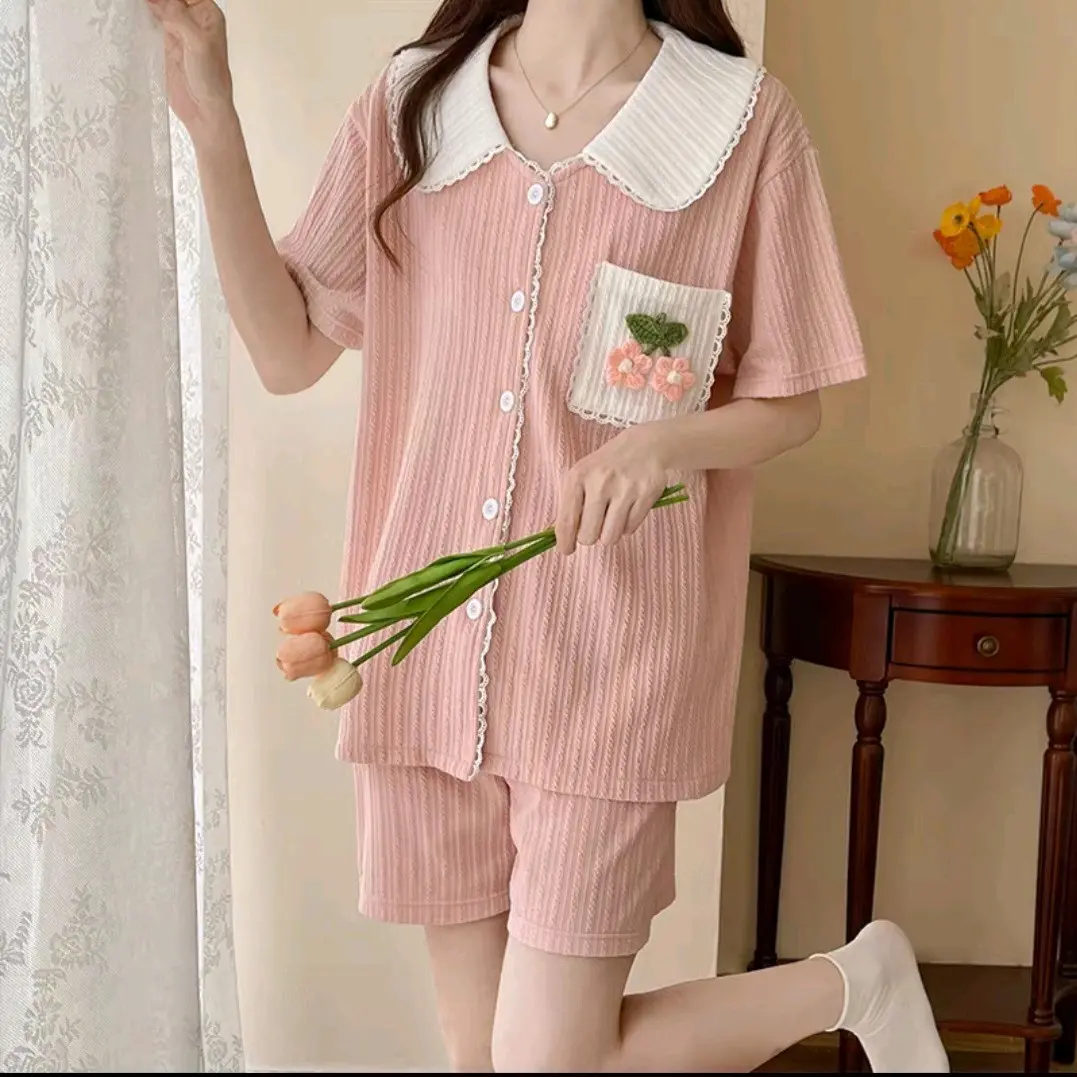 Bộ Ngủ Hè Cổ Tròn Có Túi Ngực Dễ Thương