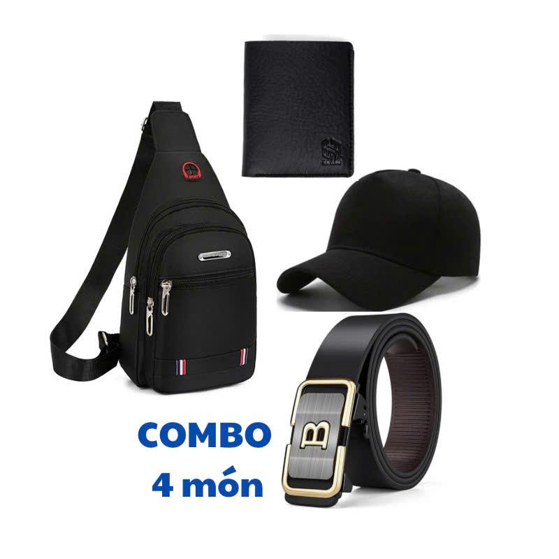 Combo 4 Món: Túi Đeo Chéo + Thắt Lưng Khóa Tự Động + Mũ Lưỡi Trai + Ví Da Dáng Đứng - Đeo Vai, Bag Nhiều Ngăn