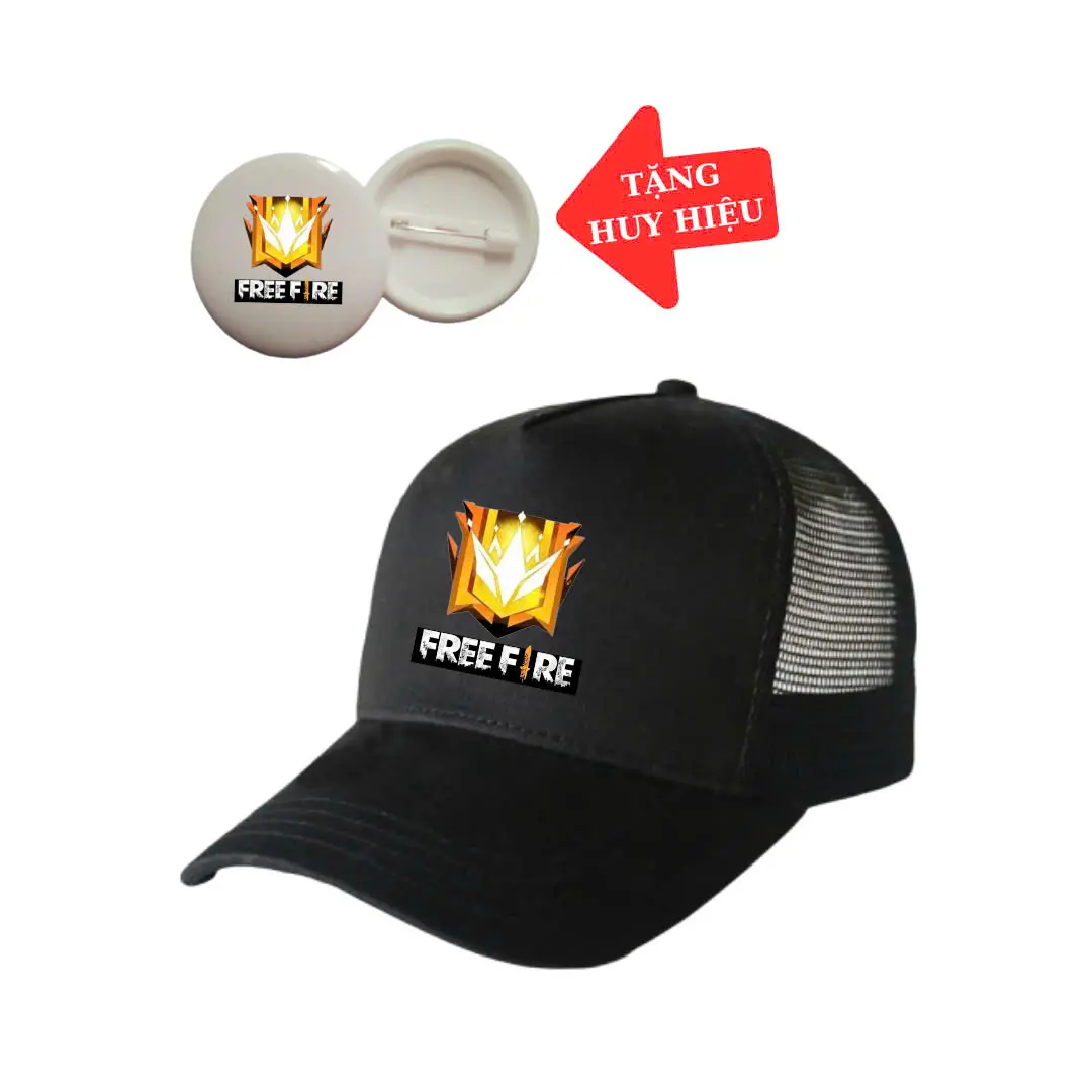 Mũ lưỡi trai trẻ em in mẫu Free Fire siêu hot, Màu đỏ, đen, xanh lá, xanh biển-Kèm huy hiệu