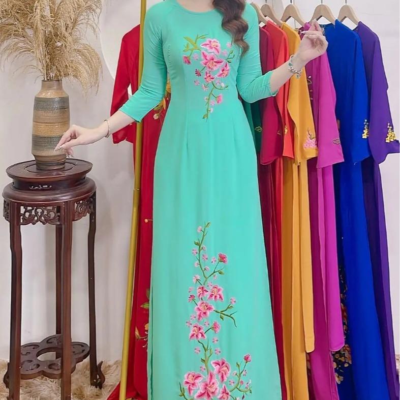 Áo dài tằm ý thêu hoa thủ công co giãn thấm hút mồ hôi Nữ Women Dress Sen Voan