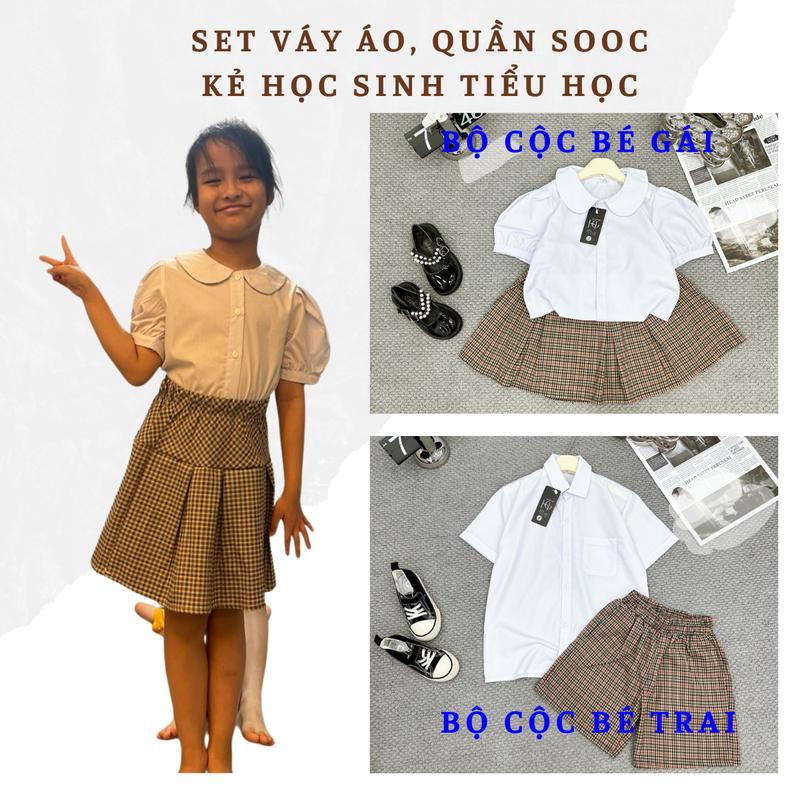 Set Chân Váy Kẻ Áo Sơ Mi Trắng Cổ Sen Bé Gái HT Dành Cho Học Sinh Tiểu Học Chất Vải Cao Cấp 1