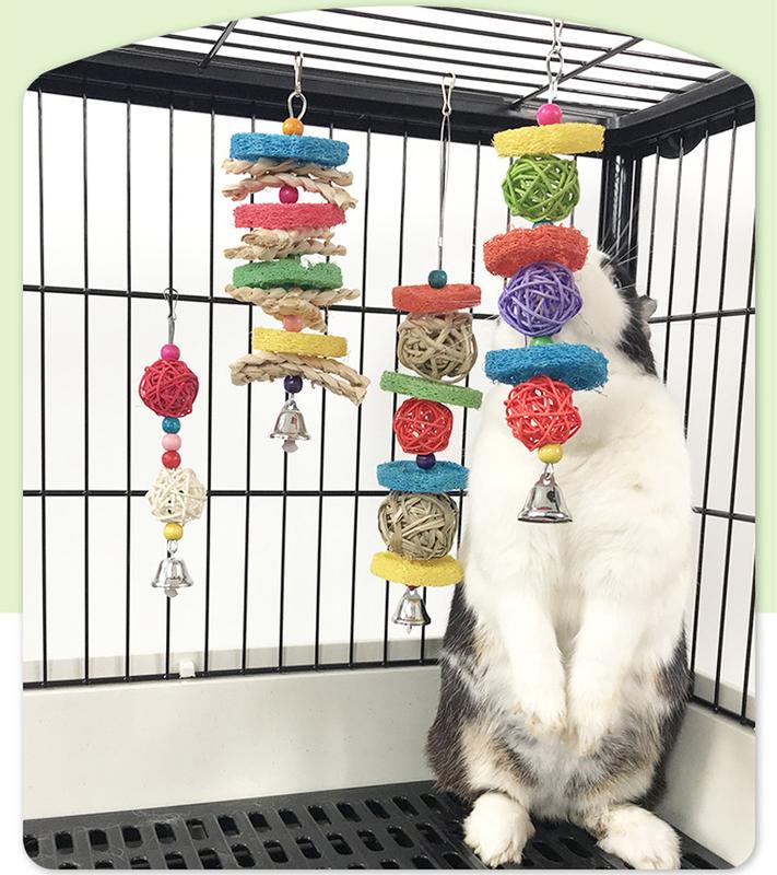Product Introduction of Parrots Bird Chewing Toy Rabbit Hanging Bell Bite Rattan Ball Molar Toys Parakeet Birdcage Decoration Hamster Chew Toys צעצועים 16
