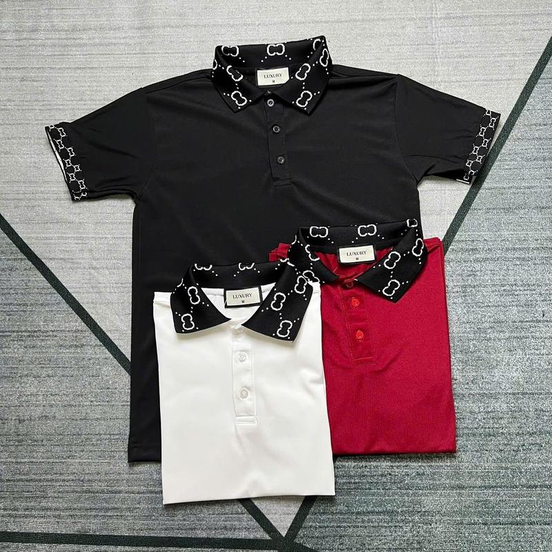Áo Thun Polo Nam thêu viền vai  hoạt tiết C .C 3 màu cổ đen thêu chữ tay bo thêu chất vải co dãn thoáng mát Menswear Shirt Polo có cổ tay ngắn cộc tay Ngắn Tay áo  polo áo  polo