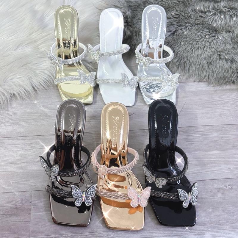 [CÓ HỘP] Dép cao gót nữ 5cm, 7cm, 9cm quai 2 đá ngang đính hồ điệp lấp lánh